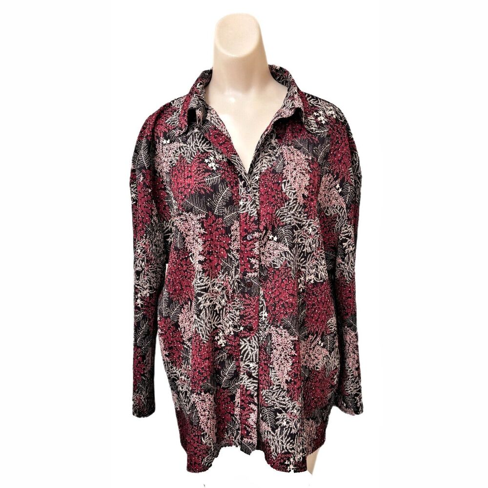 Womens Dark Floral Print Button Up Top Size 1X Long Sleeve Artsy Forest Fairy